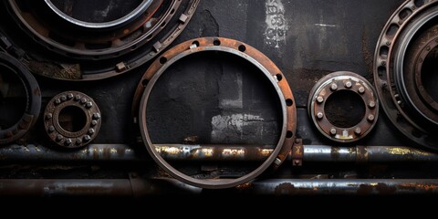 Rusted industrial machinery pieces over dark background. Generative AI