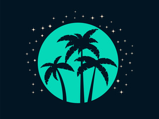 Fototapeta na wymiar Black contour of palm trees on the background of the moon in vintage style. Silhouette of palm trees on a full moon with stars. Design of advertising booklets and banners. Vector illustration