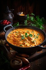 Gourmet close up of hot and spicy curry Indian dish. Dark food photography. Generative AI Vertical shot