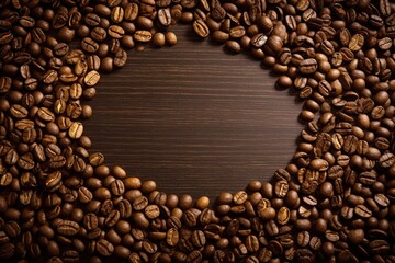 Coffee beans table top view over dark wooden background with copy space for text. Generative AI