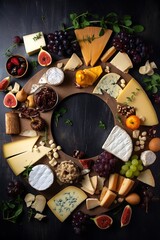 cheese board served with fruits, nuts and crackers over dark background. Generative AI Vertical shot