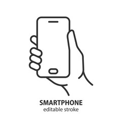 Smartphone line icon. Mobile phone in hand outline vector symbol. Editable stroke. - 589641406