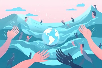 World water day design illustration with people hand hug earth World Water Day at 22 march poster campaigns Save earth water. Generative AI