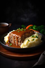 British dish of mince meatloaf served with smashed potatoes. Generative AI Vertical shot