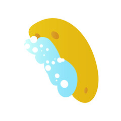 Washcloth with foam and bubbles. Isolated yellow washcloth on a white background. Vector illustration.