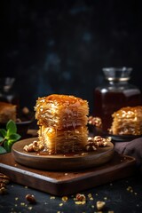 Greek Baklava sweet dessert over dark background. Gourmet food photography style. Generative AI Vertical shot