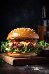 Tasty juicy burger close up studio shot. Dark background. Generative AI Vertical shot