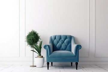 A blue velvet armchair, white pillow, pile of books, and green plant branches in a vase are artfully arranged in a living room interior wall mockup against an empty white wall backgroun, Generative AI