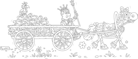 Angry king of a fairy kingdom carrying chopped firewood from a forest on an old wooden cart pulled by a funny royal horse, black and white outline vector cartoon illustration for a coloring book