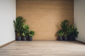 Sparse room with wooden feature wall and a indoor plants, Generative AI
