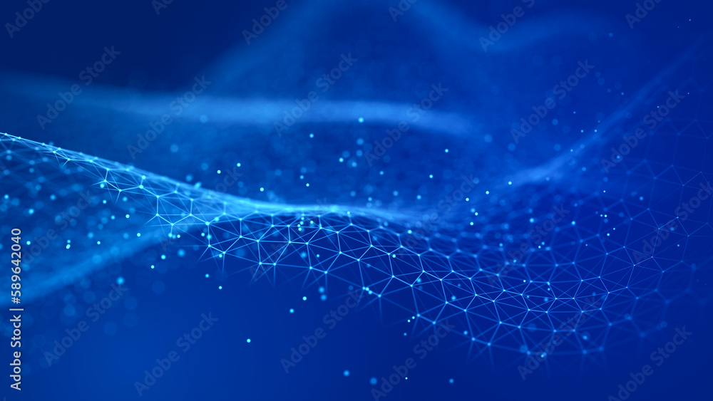 Fototapete technological background. a wave of musical particles intertwined with dots and lines. internet expl