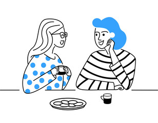 Two friends having coffee flat vector illustration