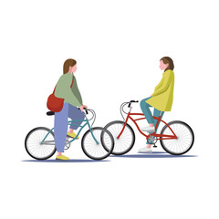 Girls on bicycles talking to each other flat vector illustration