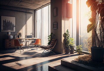 interior urban environment concrete sunlight. Generative AI