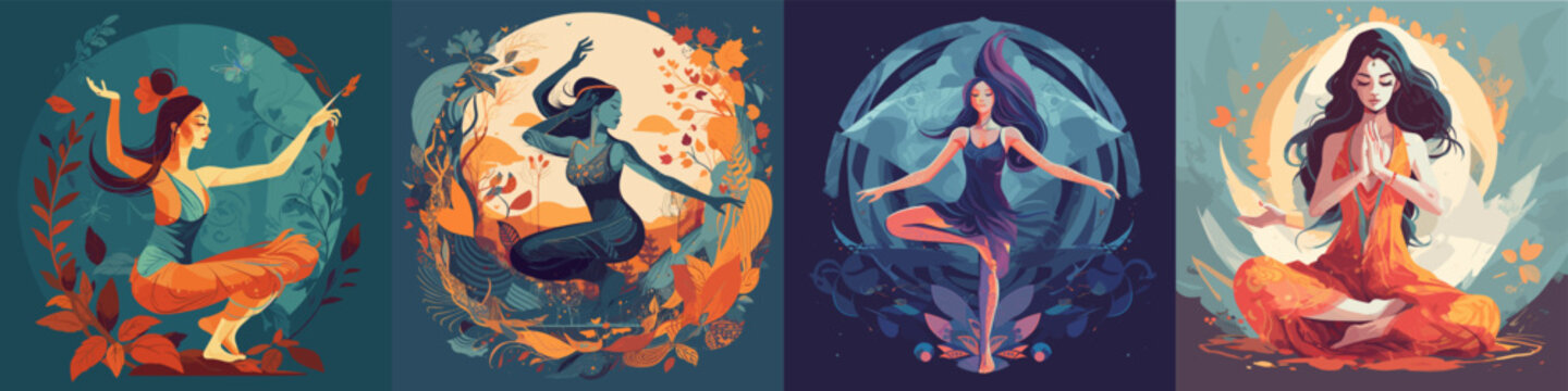 Set of Yoga girl pose, 2d flat color, vector illustration