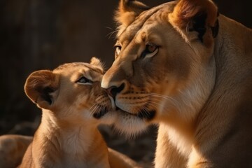 Lion mother and baby cub close up. Mother's love, mothers day. Generative AI