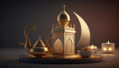 Fototapeta na wymiar Islamic holiday Ramadan kareem event background, decorate with Arabic lantern, moon, crescent, and mosque dome, festive greeting card design, Eid Mubarak scene, with Generative AI.