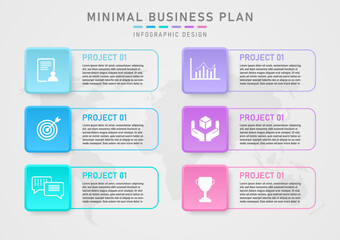 minimal infographics business planning 6 beautiful pastel squares with outlines Letters and icons design for growth, marketing, options, finance, investing.