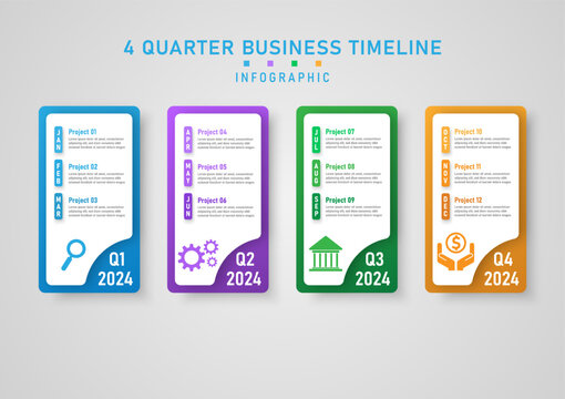 nfographic business planning 4 quarter bright multi colored squares with month abbreviation and icons on gray gradient background design for marketing, growth, finance, investment, product