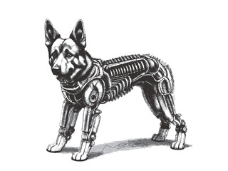 Biomechanical German Shepherd cyborg. Doodle sketch. Vector illustration.