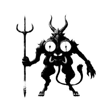 Demon with horns and tail holding a trident. Vector illustration. Pointillism design.