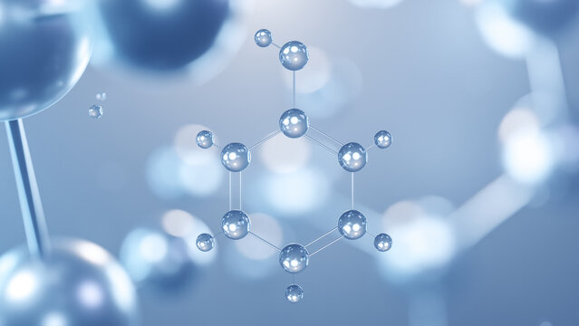 phenol molecular structure 3d, flat model, phenolic acid, structural chemical formula view from a microscope