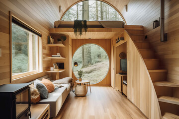Tiny house interior with natural wooden decor. Generative AI illustration