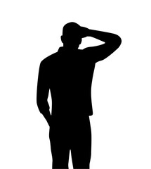silhouette of a man thinking backwards about doubts with hands above head. in black
