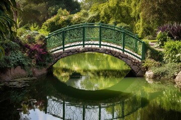 Fototapeta na wymiar The fairytale bridge led across the tranquil pond to a world of wonder. Generative AI
