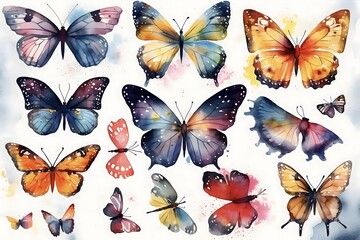 Obraz na płótnie Canvas Set of butterflies isolated, Butterflies Clipart Color water style