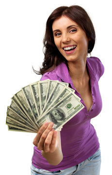 Happy Woman Holding a Dollar Bills - Isolated