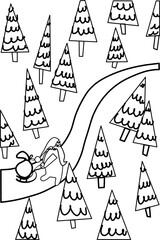 Christmas coloring for little kids. Picture with simple contours for coloring with Santa, sleigh and gifts. Santa in the forest, simple picture.