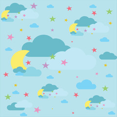 Naive childish textured moon, stars, and cloudy in vibrant colors. Cute cartoon seamless pattern. Beautiful night sky, Sweet dream.