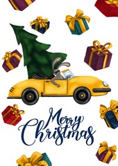 The rabbit rides on a convertible with a Christmas tree. Illustration with gifts and congratulations. Digital picture for holidays and congratulations.