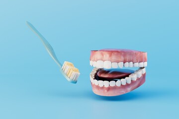 the concept of oral hygiene. jaws with white teeth and a toothbrush on a blue background. 3D render
