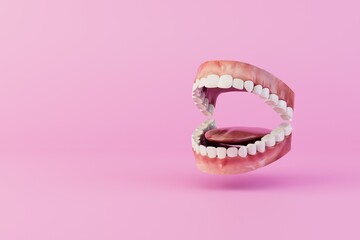 a model of jaws with white straight teeth on a pastel background. copy paste, copy space. 3D render