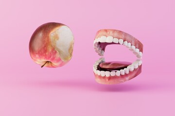 fruits for dental health. jaws with healthy teeth and an apple on a pastel background. 3D render