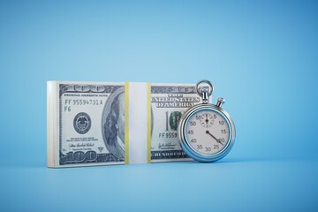 time is money. a stack of dollar bills next to the alarm clock on a blue background. 3D render