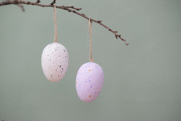 Easter background with eggs and spring branches. Happy Easter. Holidays background.