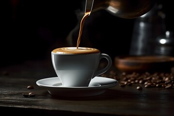 Fototapeta premium A delicious cup of coffee is poured to the top. Generative AI.