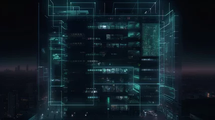 Poster Optimizing Energy Usage: AI-Powered System with ChatGPT Algorithms & HUID Interfaces in Futuristic Skyscraper with Neon Lights & Powerful Patterns, Generative AI © Vipers