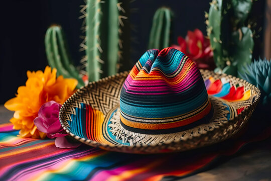 Cinco de Mayo holiday background. Mexican blooming cactus and party sombrero hat. Generative AI illustration