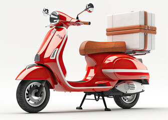 Scooter express delivery service. Red motor bike with delivery bag isolated on white, generative ai