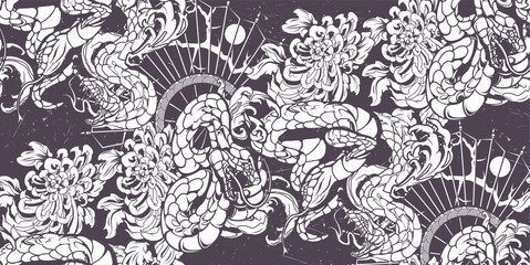 Vintage seamless pattern with snakes, Japanese chrysanthemums on a dark background in tattoo style. Ideal for printing on fabrics 