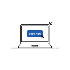 online booking on thin line laptop. concept of reservation room or bed in hotel or hostel for winter family holidays. flat outline style trend modern simple graphic design isolated on white background