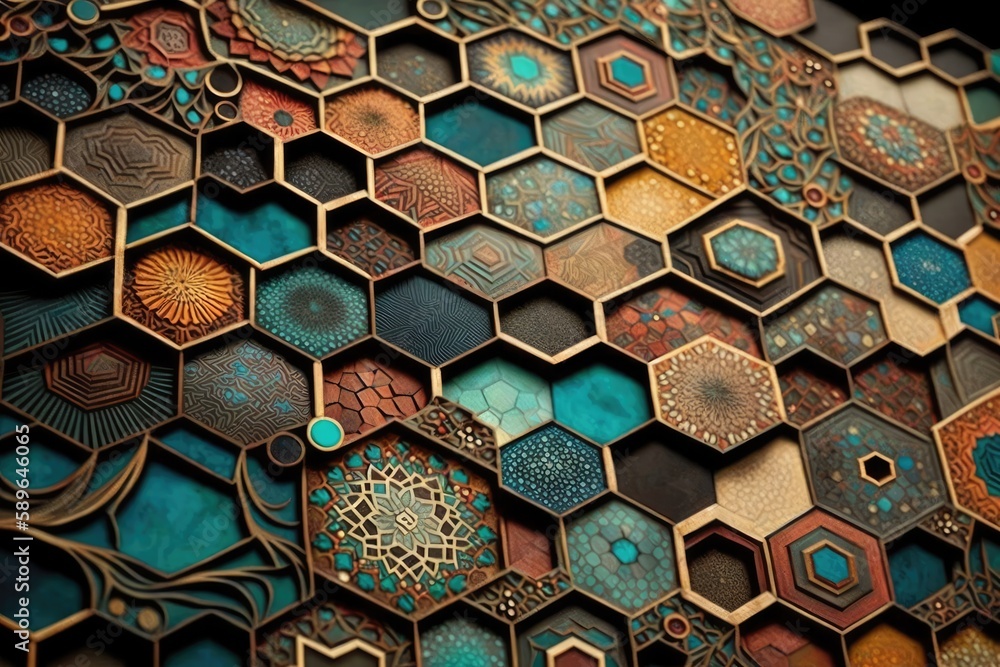 Poster mosaic art abstract background in hexagonal shape. distinct generative ai image.