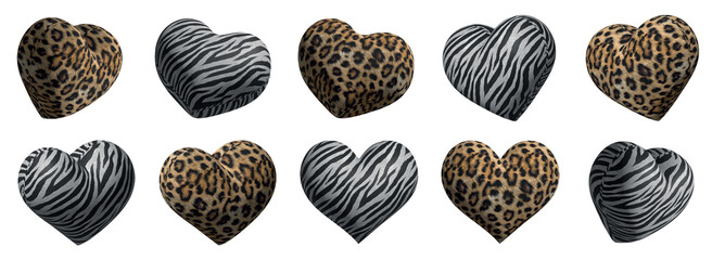 ute hearts with leopard and zebra texture, hearts in different angles, 3D hearts. 3D illustration. Animal print. Animal print heart pattern, leopard heart pattern, zebra heart pattern, 
