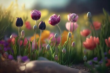 A Colorful Symphony of Flowers in the Spring Fields. Generative AI