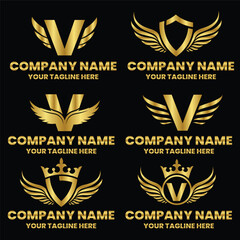 V initial letter with wing, crown logo, luxury logo,luxury shield, monogram logo design premium template vector