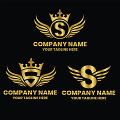 S initial letter with wing, crown logo, luxury logo,luxury shield, monogram logo design premium template vector